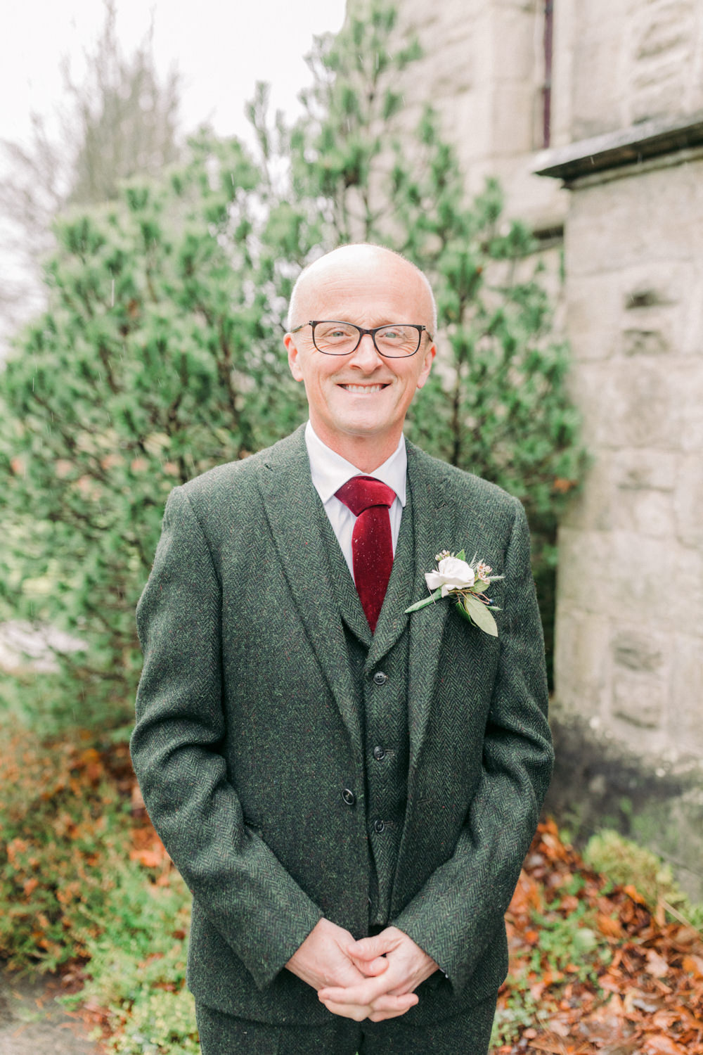 Groom Groomsmen Suit Green Tweed Red Velvet Tie Autumn Village Hall Wedding The Gibsons Photography