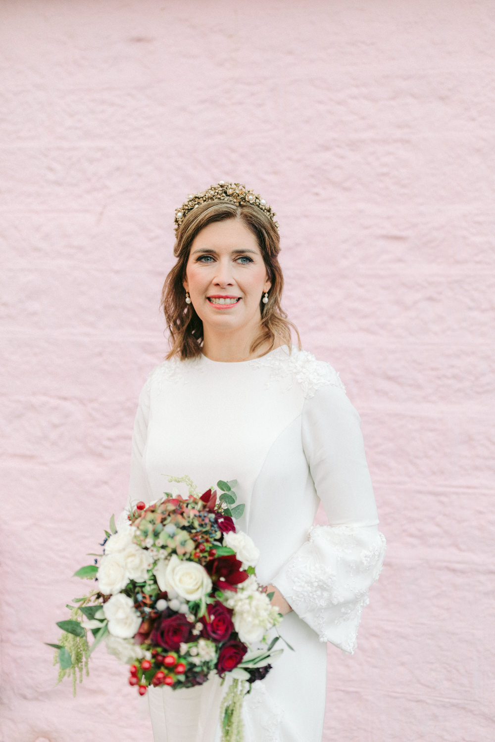 Bride Bridal Dress Gown Bell Sleeves Embellished Train Autumn Village Hall Wedding The Gibsons Photography