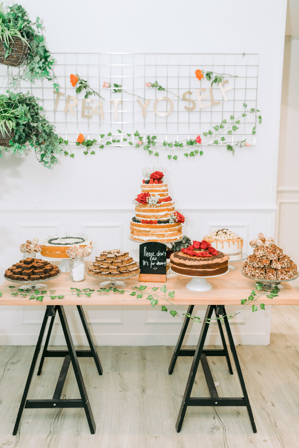 Wire Sign Banner Cake Table Desserts Naked Autumn Village Hall Wedding The Gibsons Photography