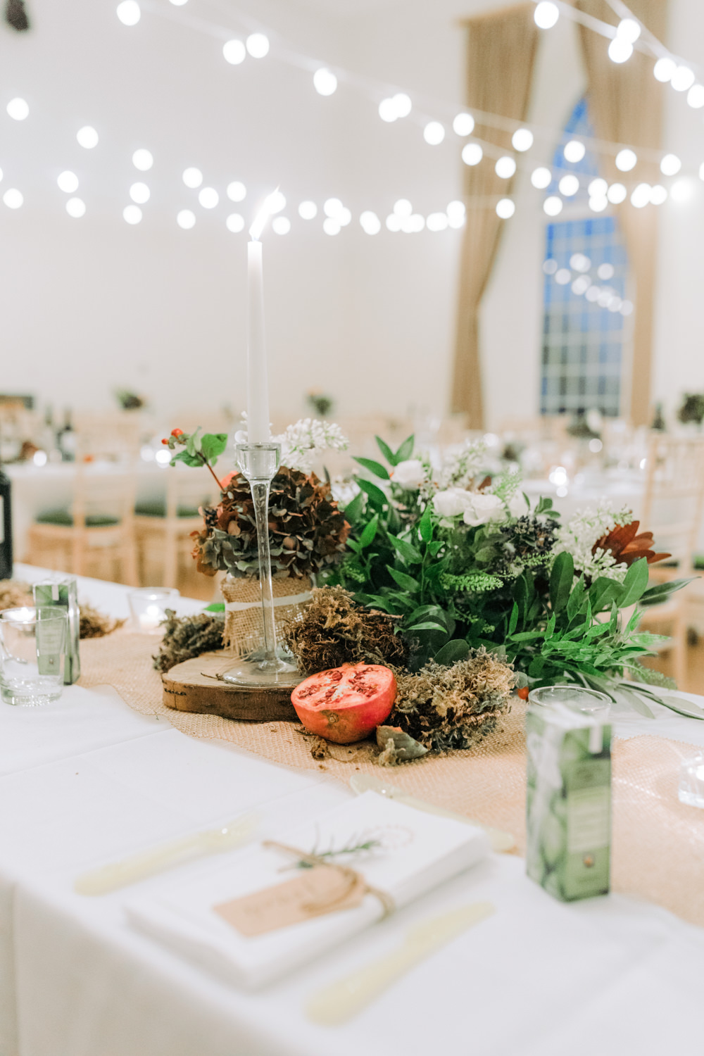 Table Decor Decoration Flowers Centrepiece Log Moss Greenery Hessian Burlap Autumn Village Hall Wedding The Gibsons Photography