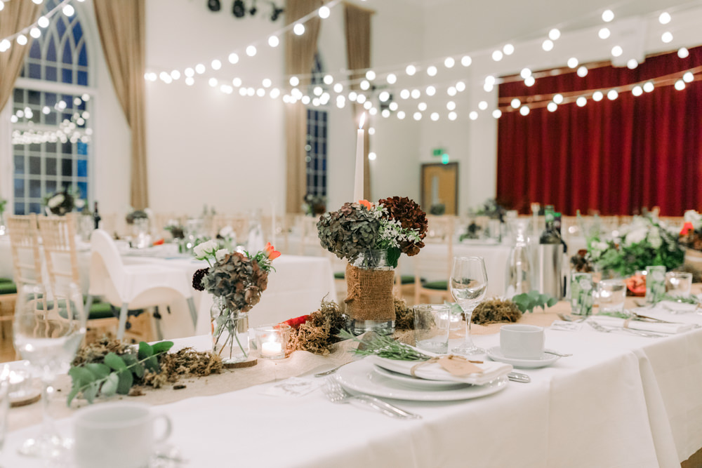 Table Decor Decoration Flowers Centrepiece Log Moss Greenery Hessian Burlap Autumn Village Hall Wedding The Gibsons Photography