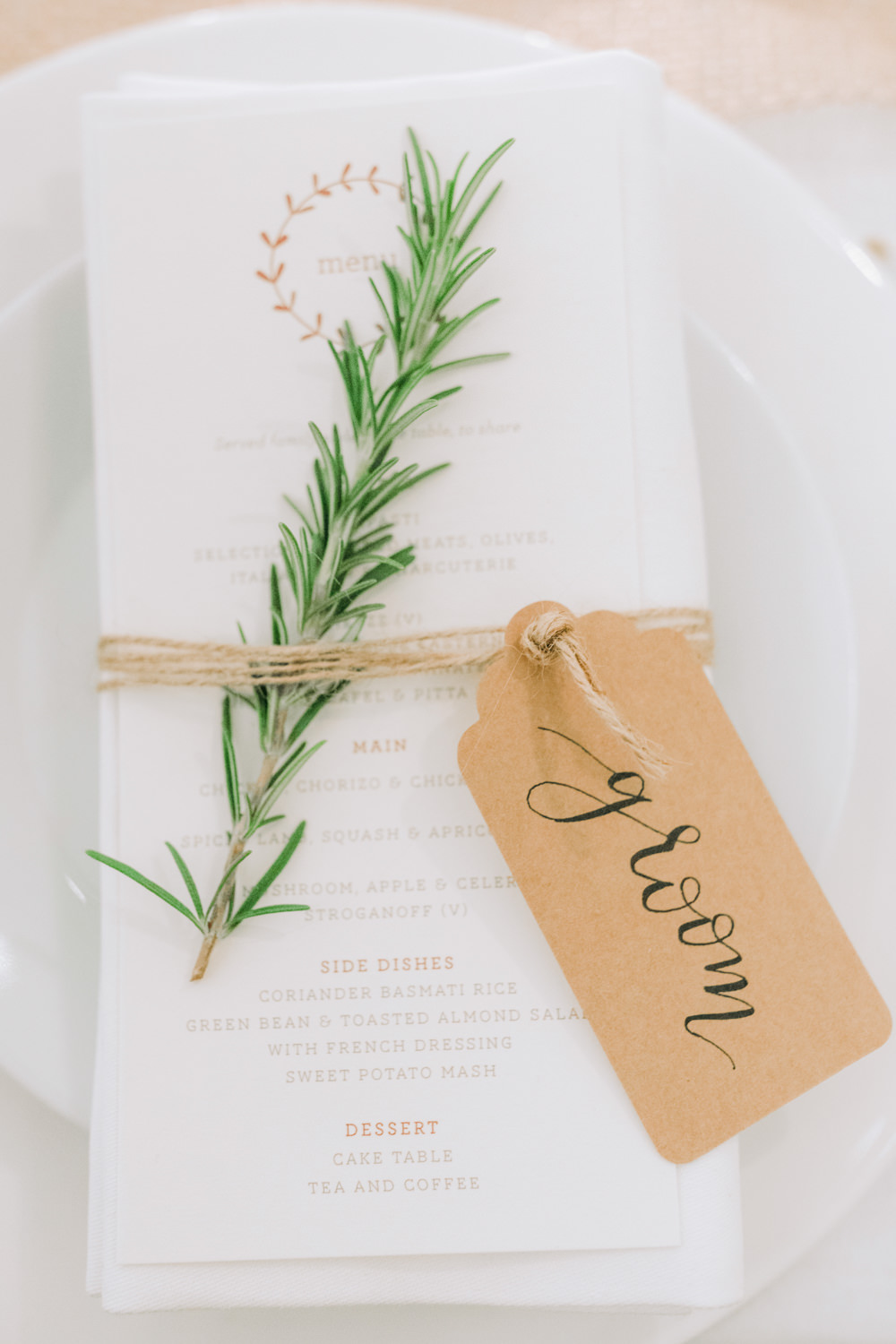 Place Setting Decor Decoration Place Name Luggage Tag Calligraphy Rosemary Autumn Village Hall Wedding The Gibsons Photography