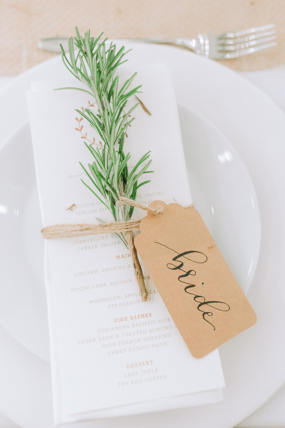 Place Setting Decor Decoration Place Name Luggage Tag Calligraphy Rosemary Autumn Village Hall Wedding The Gibsons Photography