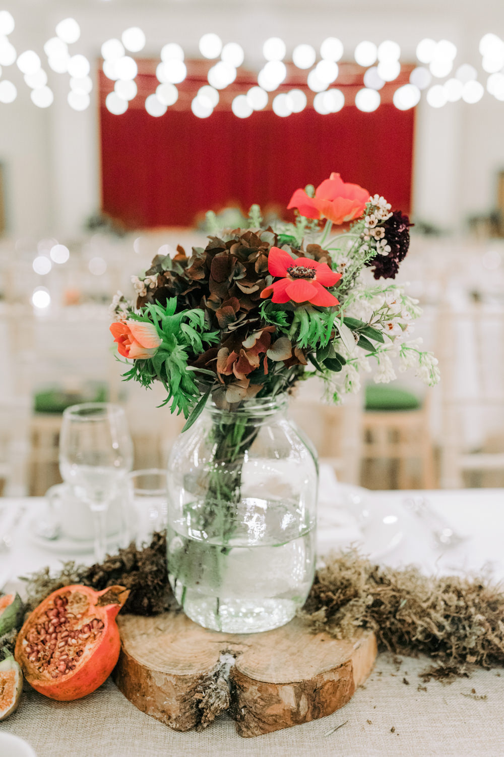 Table Decor Decoration Flowers Centrepiece Log Moss Greenery Hessian Burlap Autumn Village Hall Wedding The Gibsons Photography