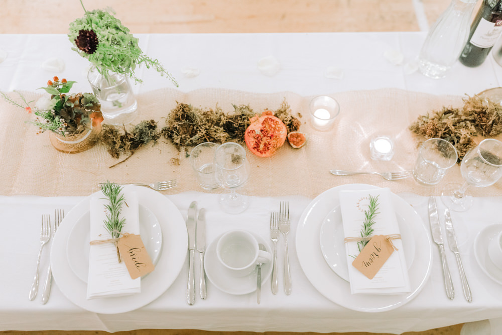 Table Decor Decoration Flowers Centrepiece Log Moss Greenery Hessian Burlap Autumn Village Hall Wedding The Gibsons Photography