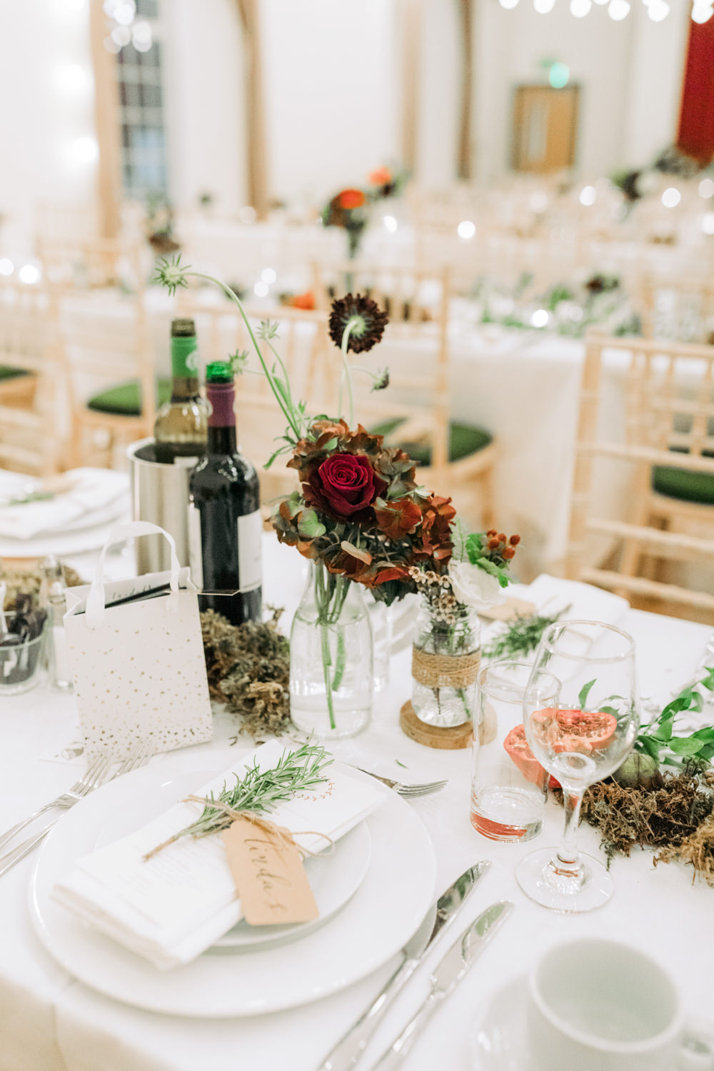 Table Decor Decoration Flowers Centrepiece Log Moss Greenery Hessian Burlap Autumn Village Hall Wedding The Gibsons Photography