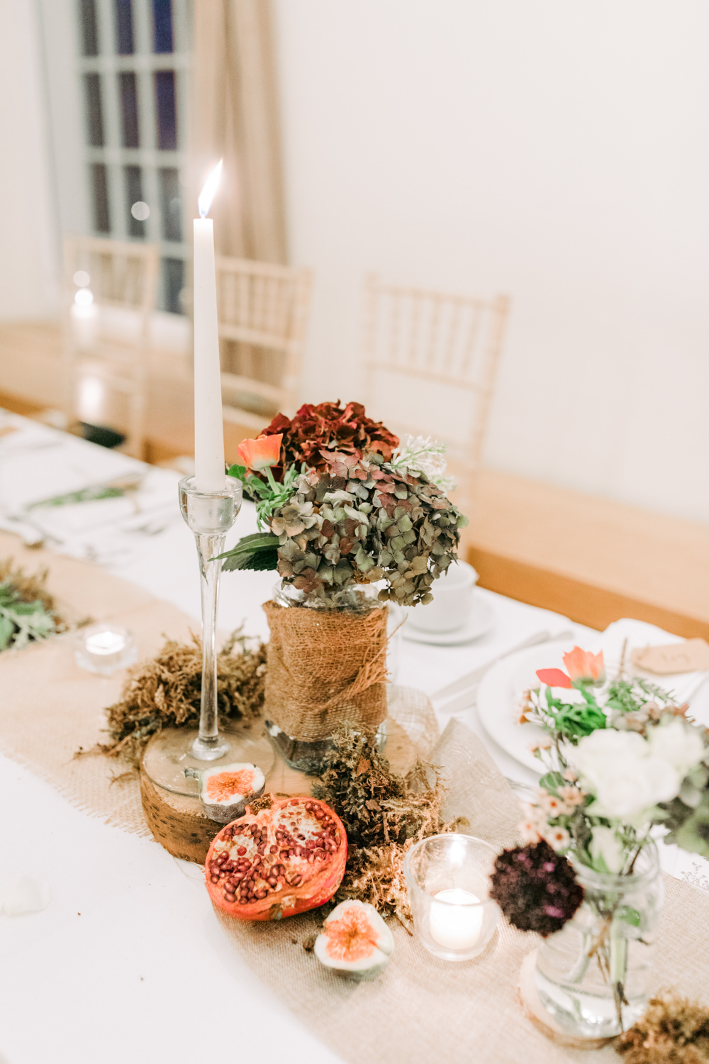 Table Decor Decoration Flowers Centrepiece Log Moss Greenery Hessian Burlap Autumn Village Hall Wedding The Gibsons Photography