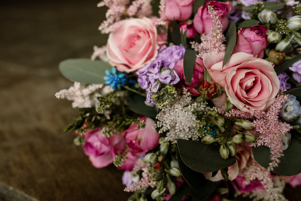 Bouquet Flowers Bride Bridal Pretty Spring Pink Blue Lilac Rose Blossom Barn Wedding Ideas Hayley Baxter Photography