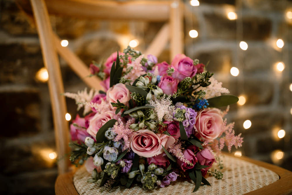 Bouquet Flowers Bride Bridal Pretty Spring Pink Blue Lilac Rose Blossom Barn Wedding Ideas Hayley Baxter Photography