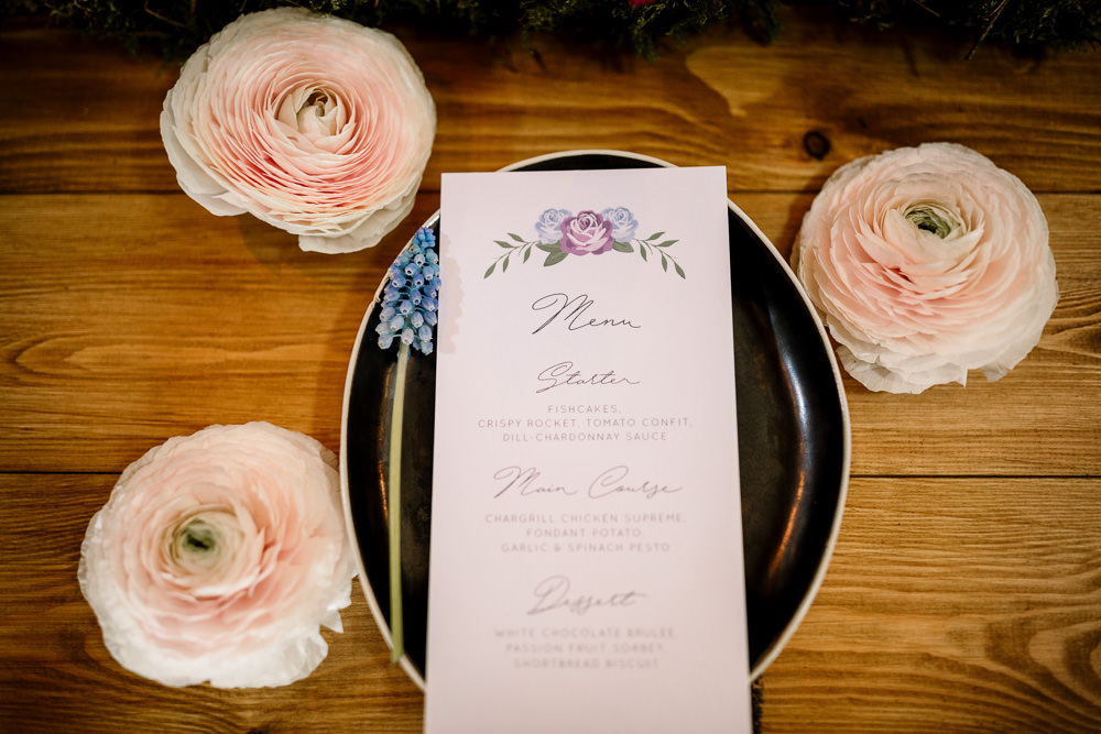 Stationery Menu Pretty Floral Flower Blossom Barn Wedding Ideas Hayley Baxter Photography