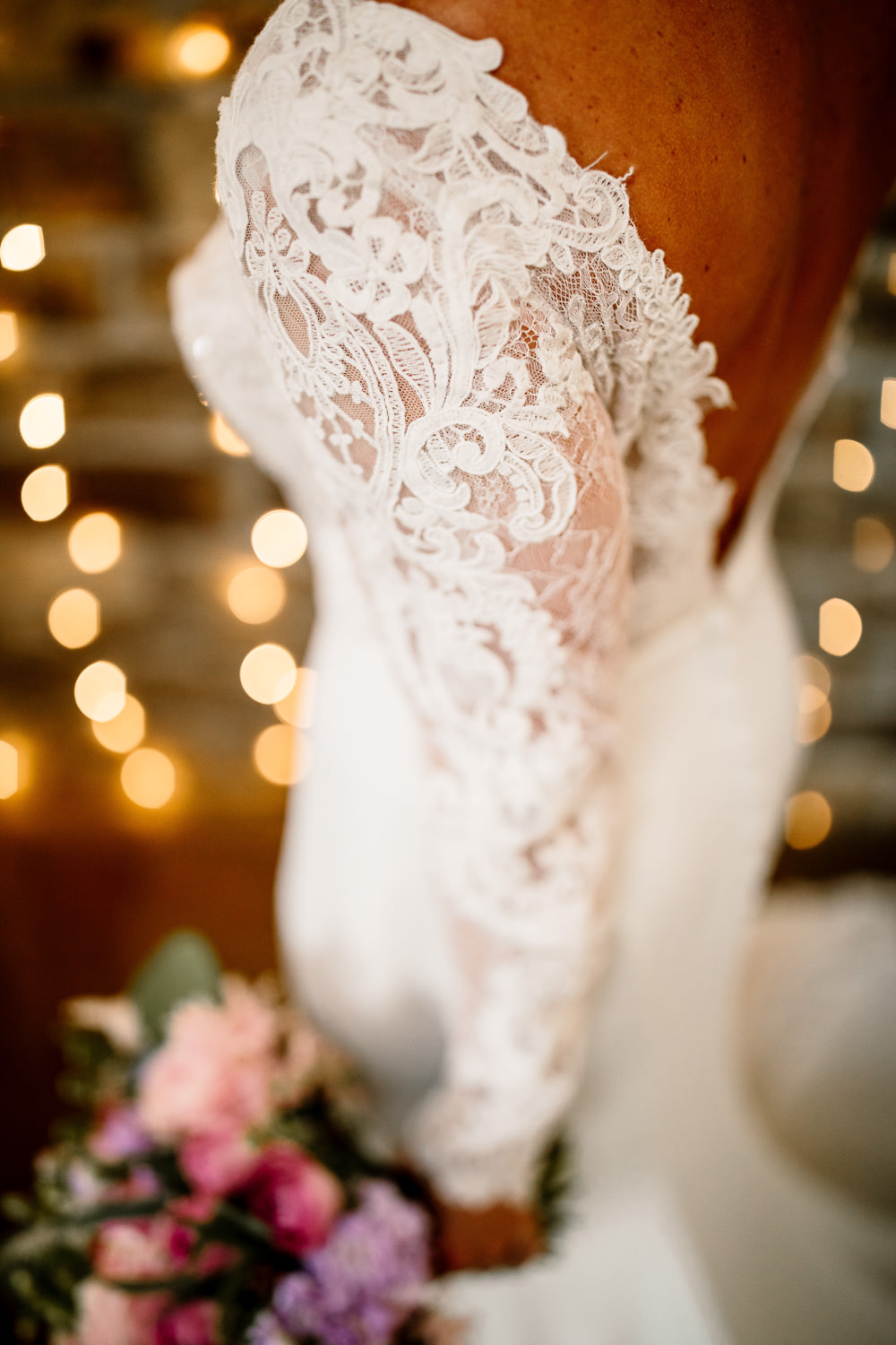 Bride Bridal Dress Gow Lace Long Sleeves Low Back Blossom Barn Wedding Ideas Hayley Baxter Photography