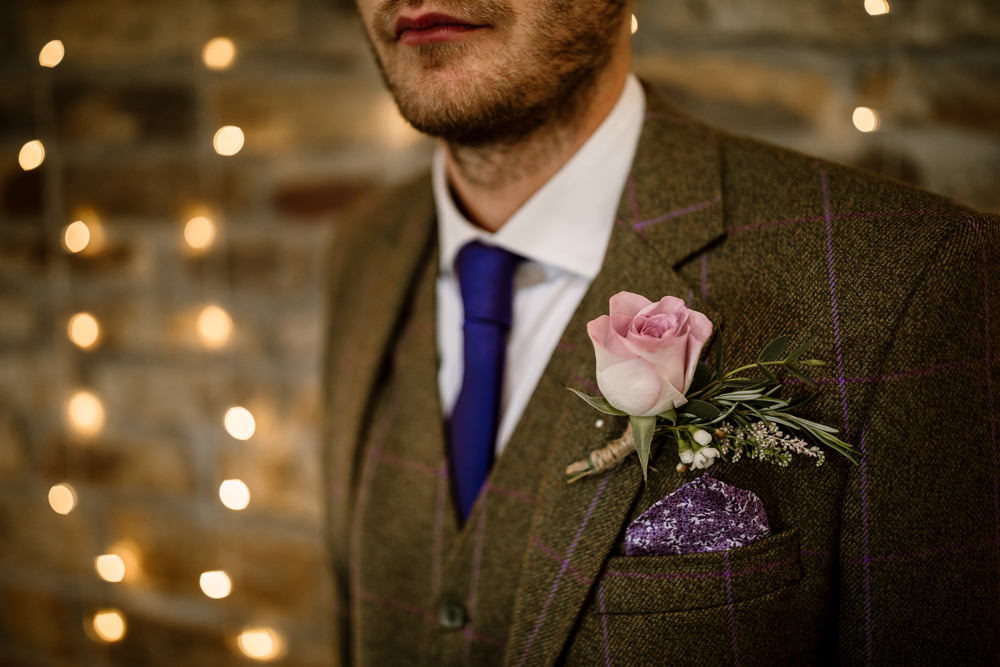 Groom Brown Check Tweed Suit Tie Rose Buttonhole Blossom Barn Wedding Ideas Hayley Baxter Photography