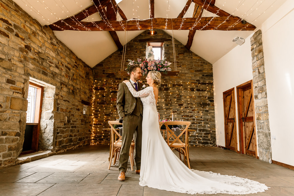 Bride Bridal Dress Gow Lace Long Sleeves Train Blossom Barn Wedding Ideas Hayley Baxter Photography