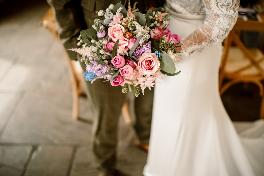 Bouquet Flowers Bride Bridal Pretty Spring Pink Blue Lilac Rose Blossom Barn Wedding Ideas Hayley Baxter Photography