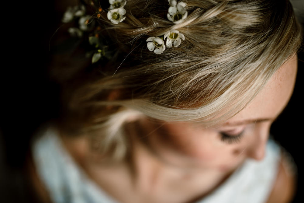 Hair Style Up Do Bride Bridal Flowers Floral Waves Plait Braid Blossom Barn Wedding Ideas Hayley Baxter Photography