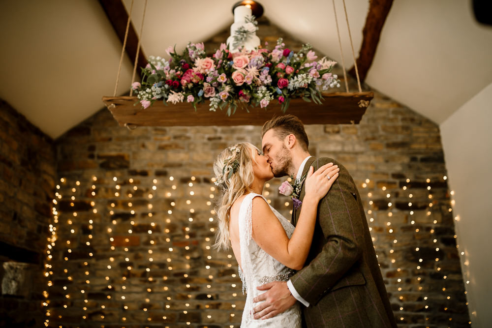 Suspended Hanging Swing Flowers Florals Pink Blue Pretty Cake Table Blossom Barn Wedding Ideas Hayley Baxter Photography