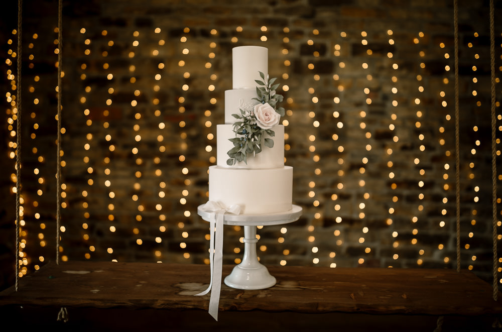 Cake Grey White Greenery Foliage Stand Ribbon Blossom Barn Wedding Ideas Hayley Baxter Photography