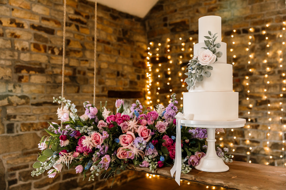 Cake Grey White Greenery Foliage Blossom Barn Wedding Ideas Hayley Baxter Photography