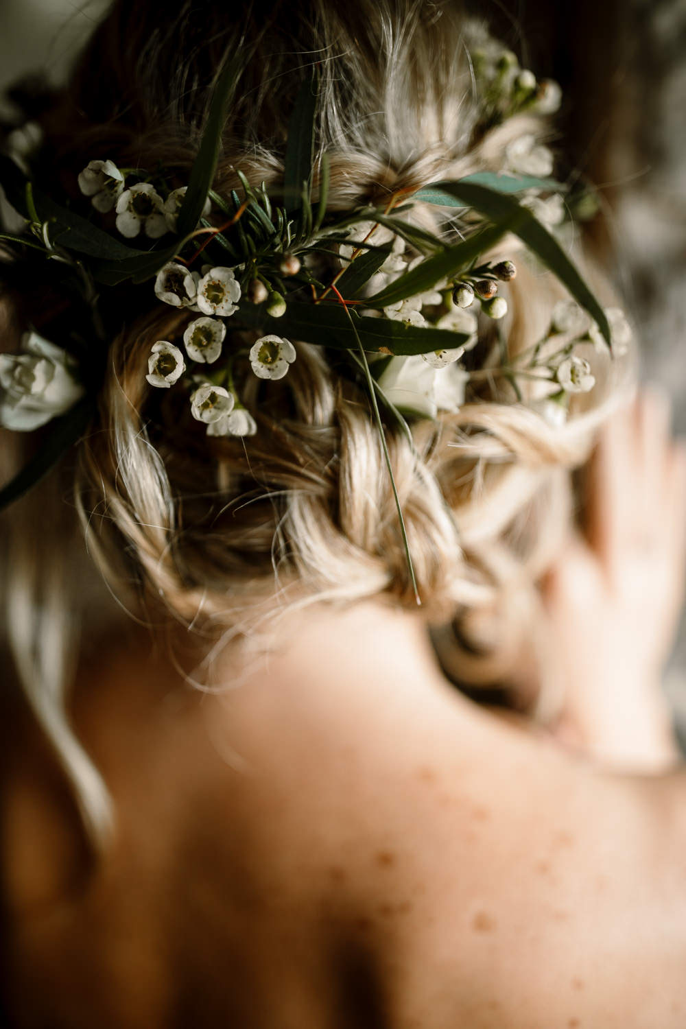 Hair Style Up Do Bride Bridal Flowers Floral Waves Plait Braid Blossom Barn Wedding Ideas Hayley Baxter Photography