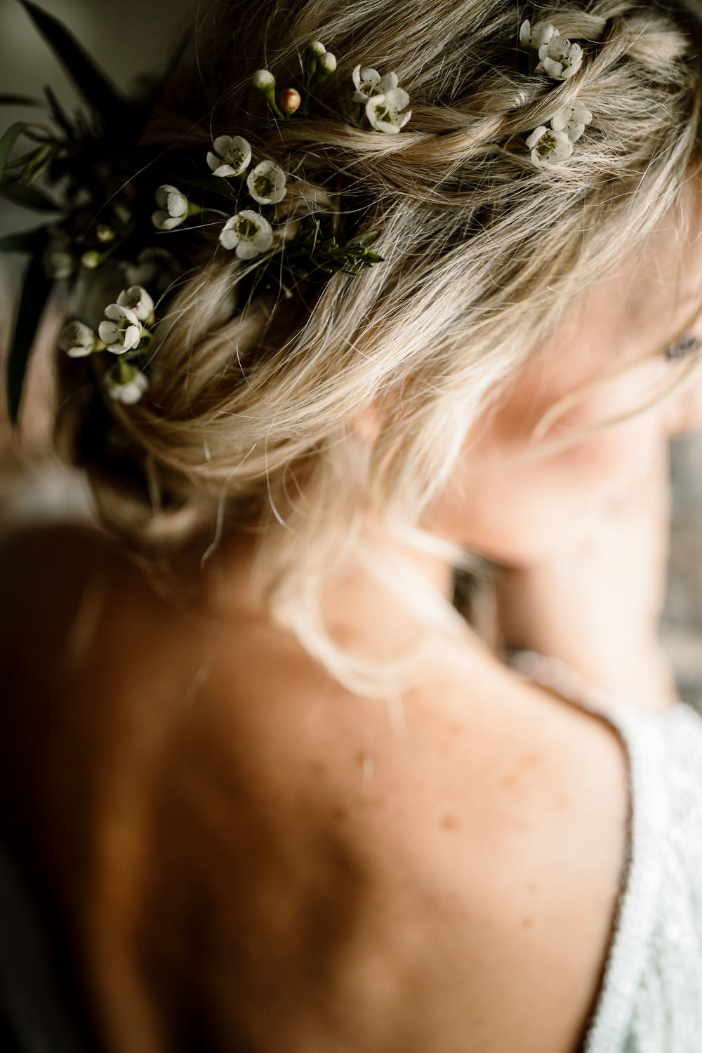 Hair Style Up Do Bride Bridal Flowers Floral Waves Plait Braid Blossom Barn Wedding Ideas Hayley Baxter Photography