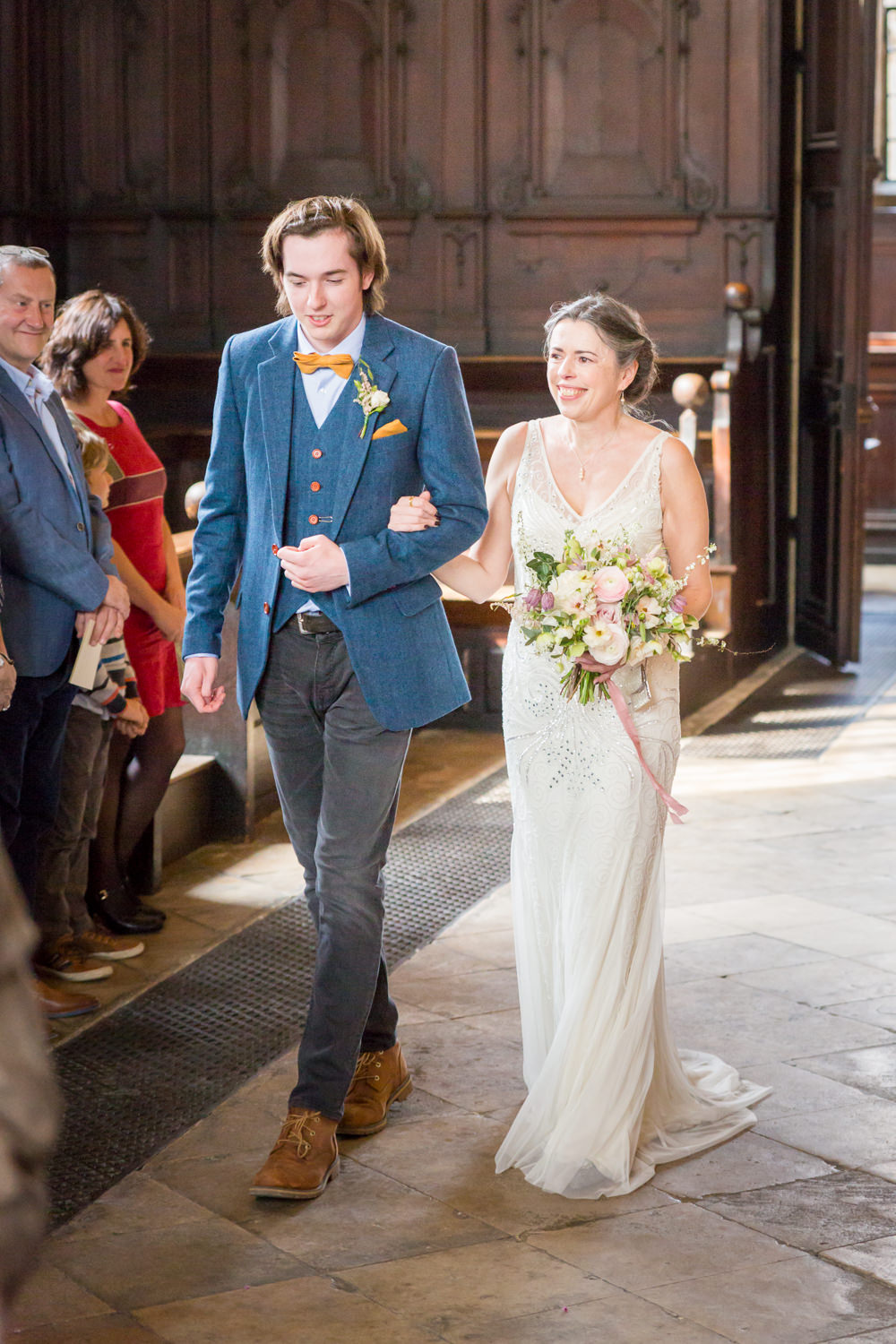 Bride Bridal Beaded Fitted Phase Eight Dress Tweed Jacket Wild Loose Handtied Bouquet Ribbon Bodleian Library Wedding Anita Nicholson Photography