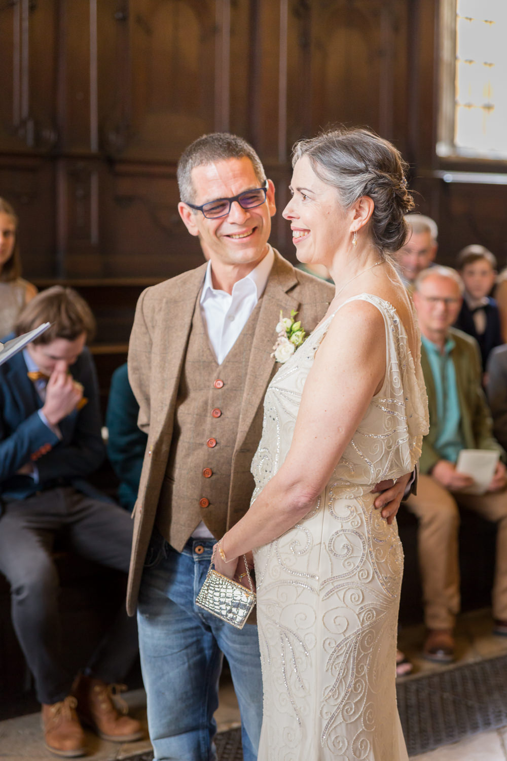 Bride Bridal Beaded Fitted Phase Eight Dress Tweed Jacket Jeans Groom Cowl Back Bodleian Library Wedding Anita Nicholson Photography