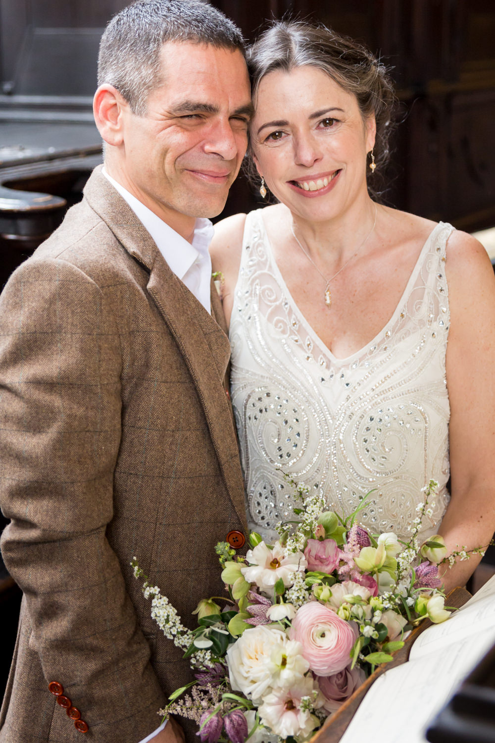 Bride Bridal Beaded Fitted Phase Eight Dress Tweed Jacket Jeans Groom Wild Handtied Bouquet Bodleian Library Wedding Anita Nicholson Photography