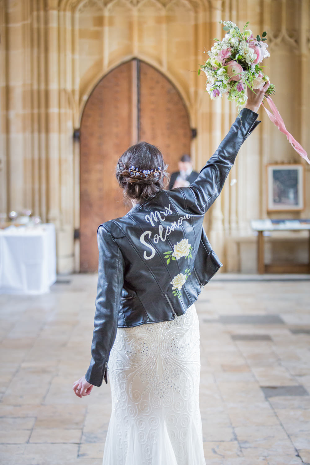 Bride Bridal Beaded Fitted Phase Eight Dress Bouquet Ribbon Leather Jacket Bodleian Library Wedding Anita Nicholson Photography