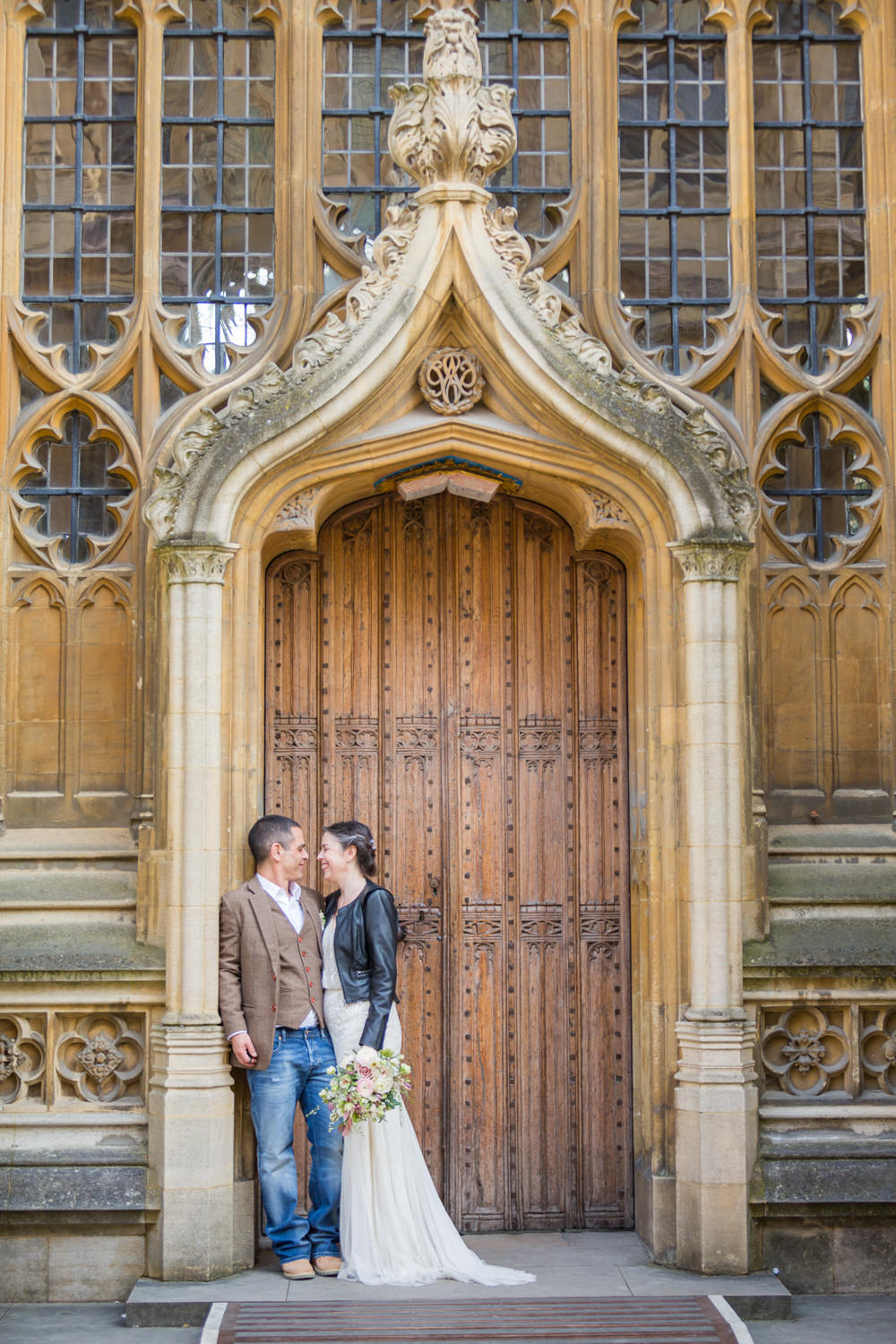Bride Bridal Beaded Fitted Phase Eight Dress Tweed Jacket Jeans Groom Leather Jacket Wildflower Bouquet Bodleian Library Wedding Anita Nicholson Photography