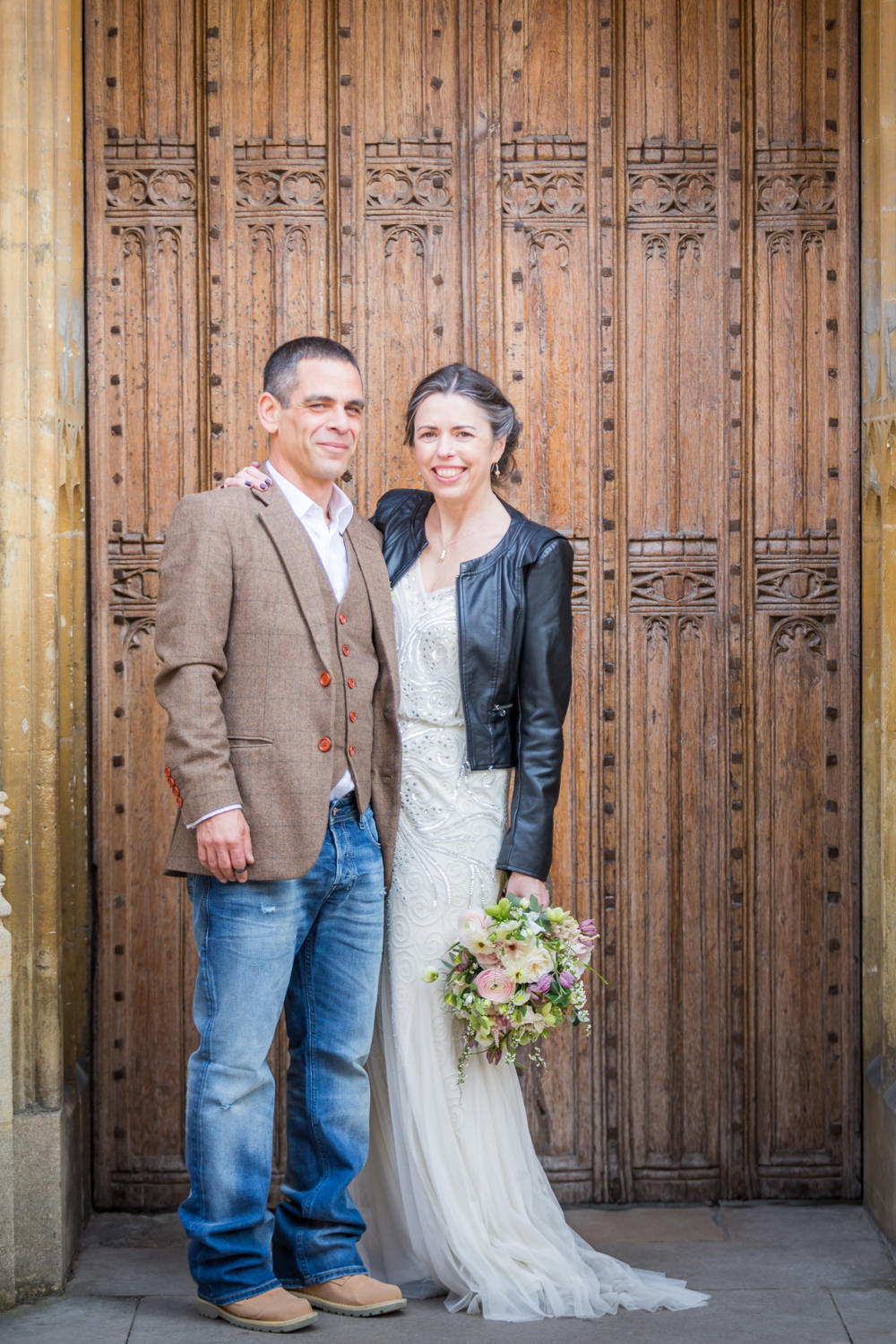 Bride Bridal Beaded Fitted Phase Eight Dress Tweed Jacket Jeans Groom Leather Jacket Wildflower BouquetBodleian Library Wedding Anita Nicholson Photography