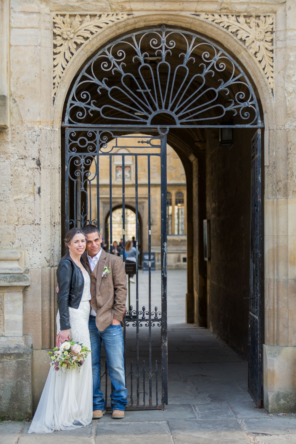 Bride Bridal Beaded Fitted Phase Eight Dress Tweed Jacket Jeans Groom Leather Jacket Wildflower Bouquet Bodleian Library Wedding Anita Nicholson Photography