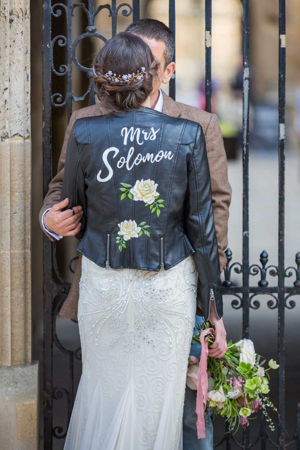 Bride Bridal Handpainted Leather Jacket Bodleian Library Wedding Anita Nicholson Photography