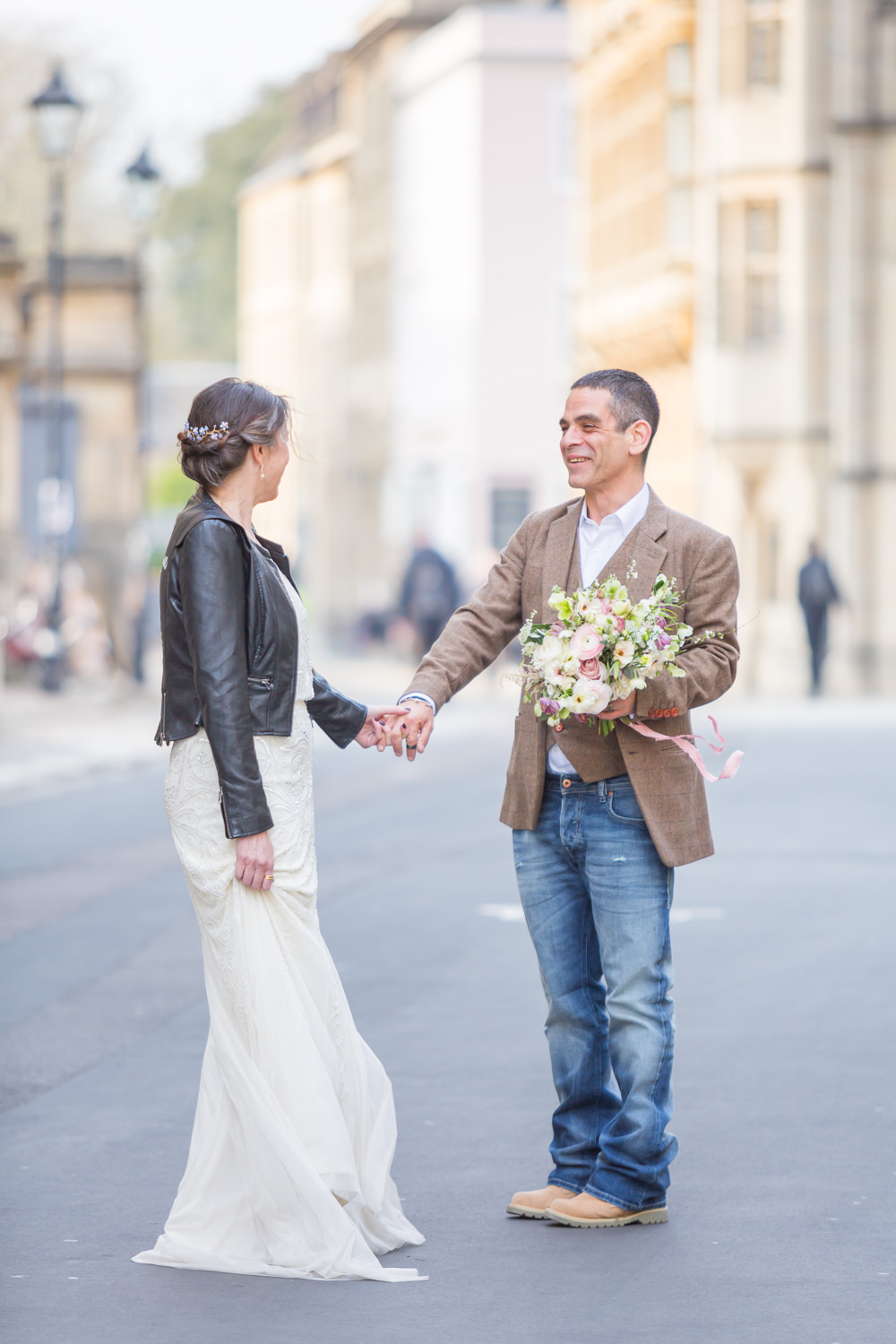 Bride Bridal Beaded Fitted Phase Eight Dress Tweed Jacket Jeans Groom Leather Jacket Wildflower BouquetBodleian Library Wedding Anita Nicholson Photography