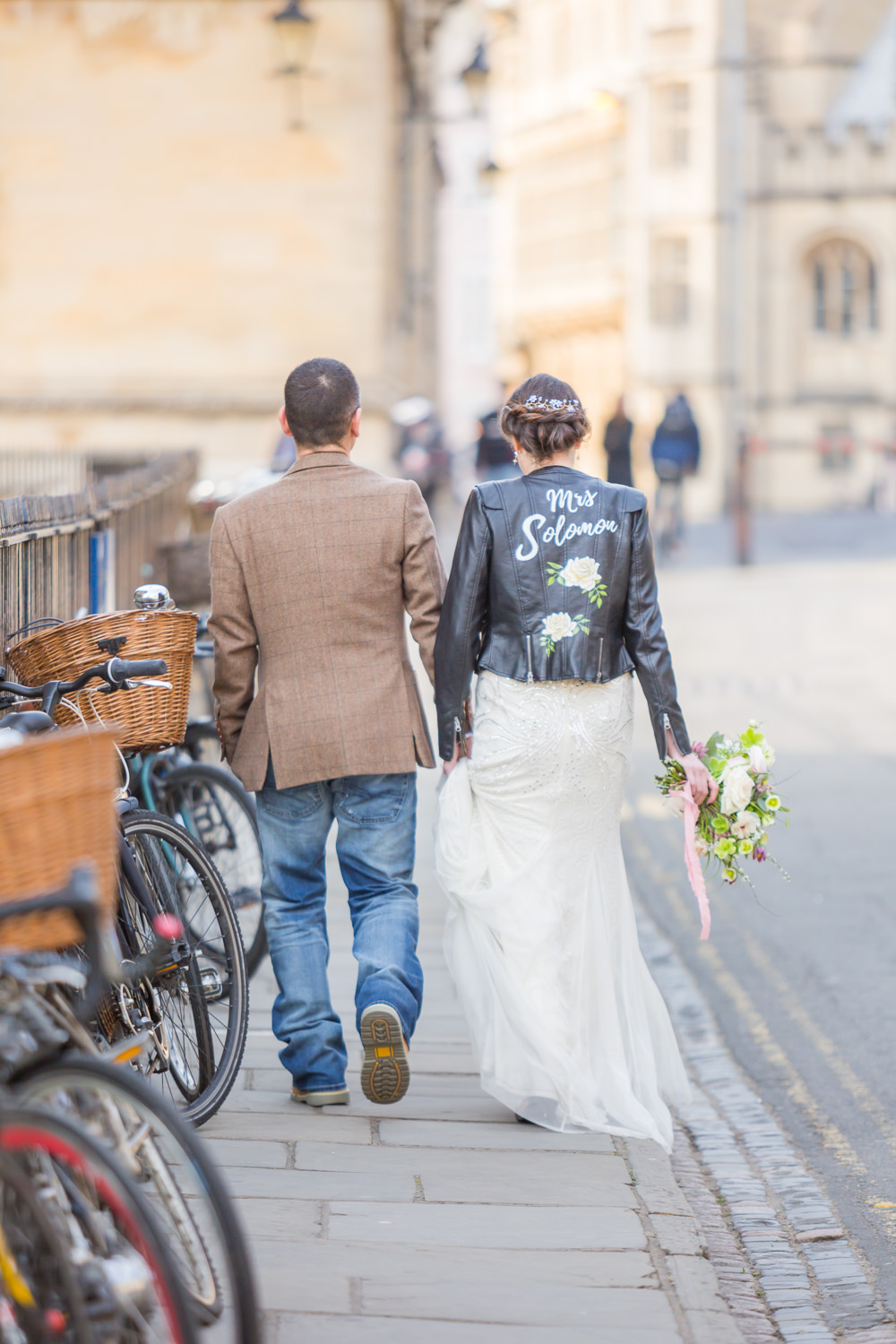 Bride Bridal Beaded Fitted Phase Eight Dress Tweed Jacket Jeans Groom Leather Jacket HandpaintedBodleian Library Wedding Anita Nicholson Photography