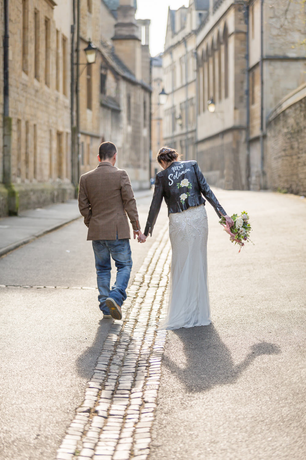 Bride Bridal Beaded Fitted Phase Eight Dress Tweed Jacket Jeans Groom Leather Jacket Handpainted BouquetBodleian Library Wedding Anita Nicholson Photography
