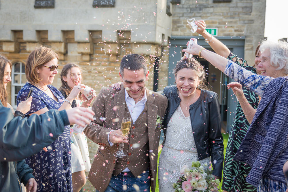 Bride Bridal Beaded Fitted Phase Eight Dress Tweed Jacket Jeans Groom Leather Jacket Confetti Bodleian Library Wedding Anita Nicholson Photography