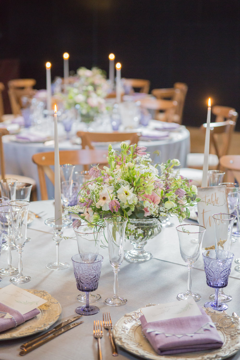 Purple Glass Taper Candles Wildflower Florals Bunting Place Cards Bodleian Library Wedding Anita Nicholson Photography