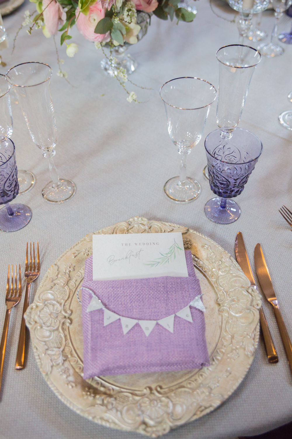 Purple Glass Table Setting Bunting Place Card Menu Charger Plate Bodleian Library Wedding Anita Nicholson Photography