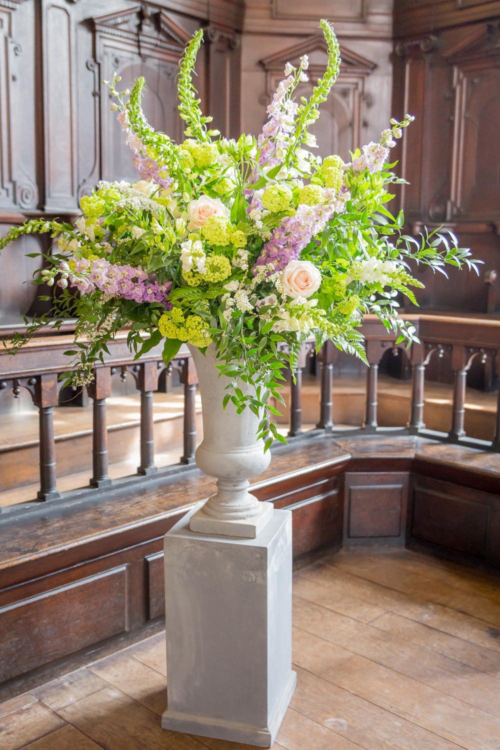 Flowers Floral Foxgloves Urn Vase Greenery Bodleian Library Wedding Anita Nicholson Photography