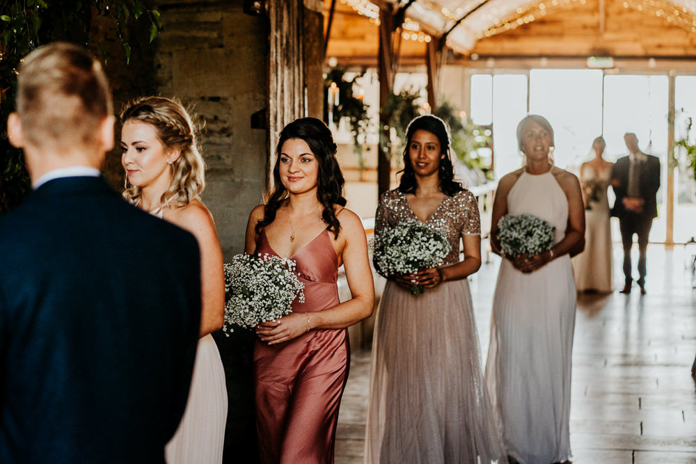 Mismatched Bridesmaids Pink Gypsophila Bouquet Contemporary Barn Wedding Ryan Goold Photography