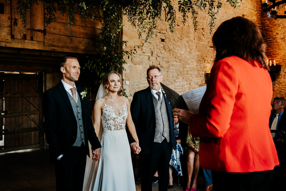 Bride Bridal Sleeveless Strappy Illusion Dress Silk Maxi Slim Separates Floral Tweed Waistcoat Groom Contemporary Barn Wedding Ryan Goold Photography