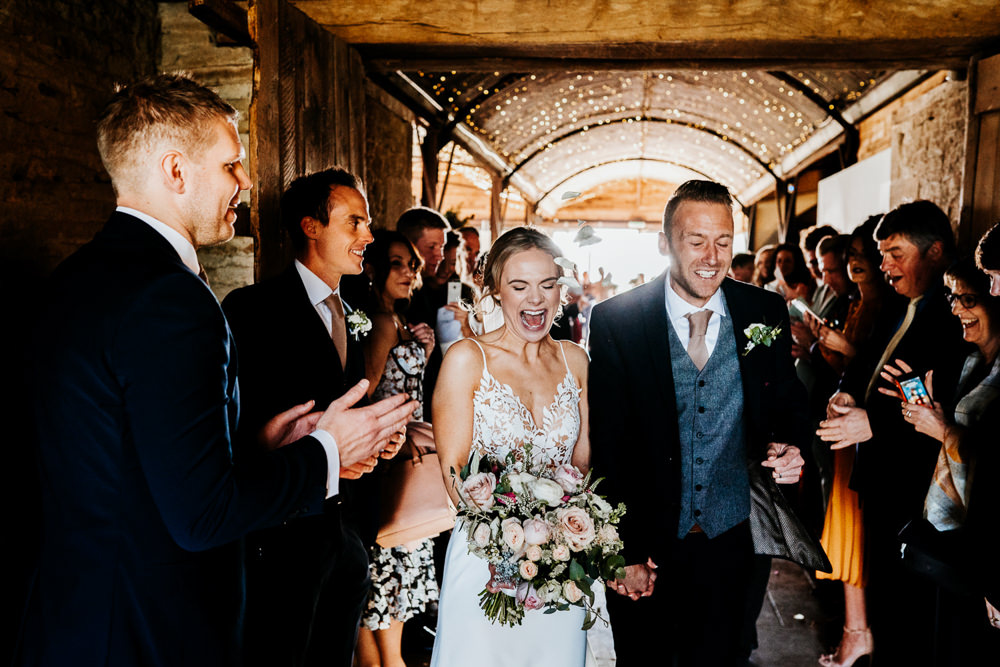 Bride Bridal Sleeveless Strappy Illusion Dress Silk Maxi Slim Separates Floral Tweed Waistcoat Groom Pink Bouquet Contemporary Barn Wedding Ryan Goold Photography