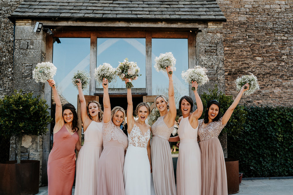 Bride Bridal Bridesmaids Pink Mismatched Gypsophila Bouquet Contemporary Barn Wedding Ryan Goold Photography