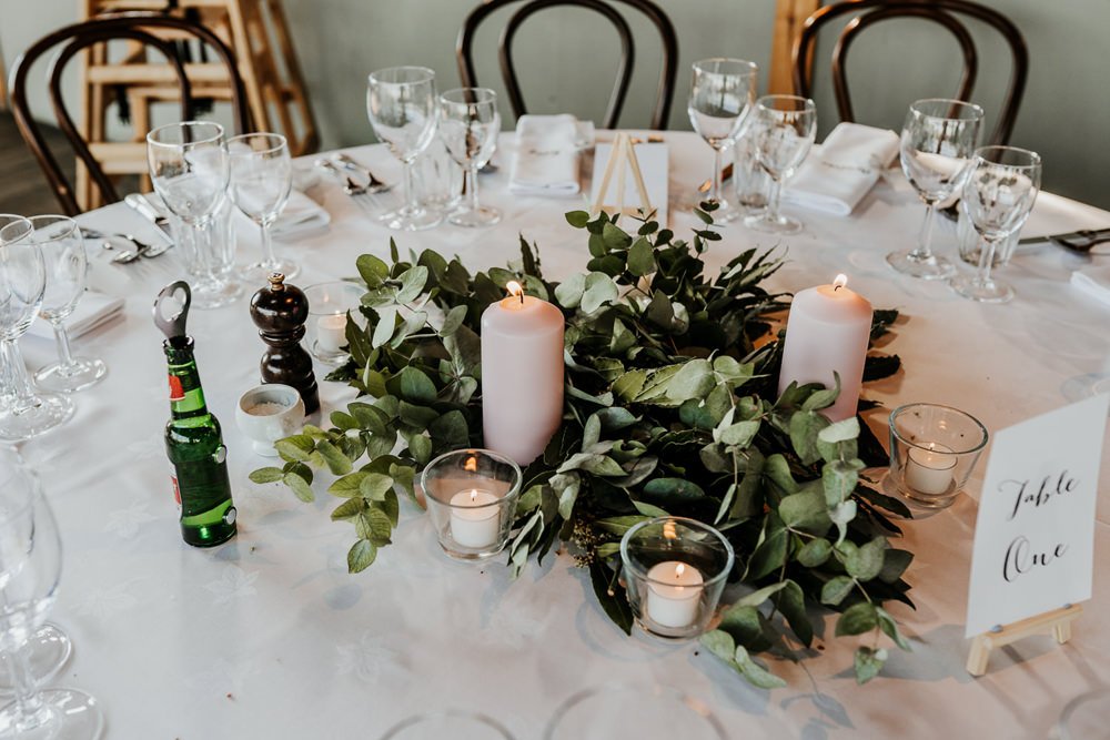 Foliage Table Centre Candles Calligraphy Table Number Contemporary Barn Wedding Ryan Goold Photography