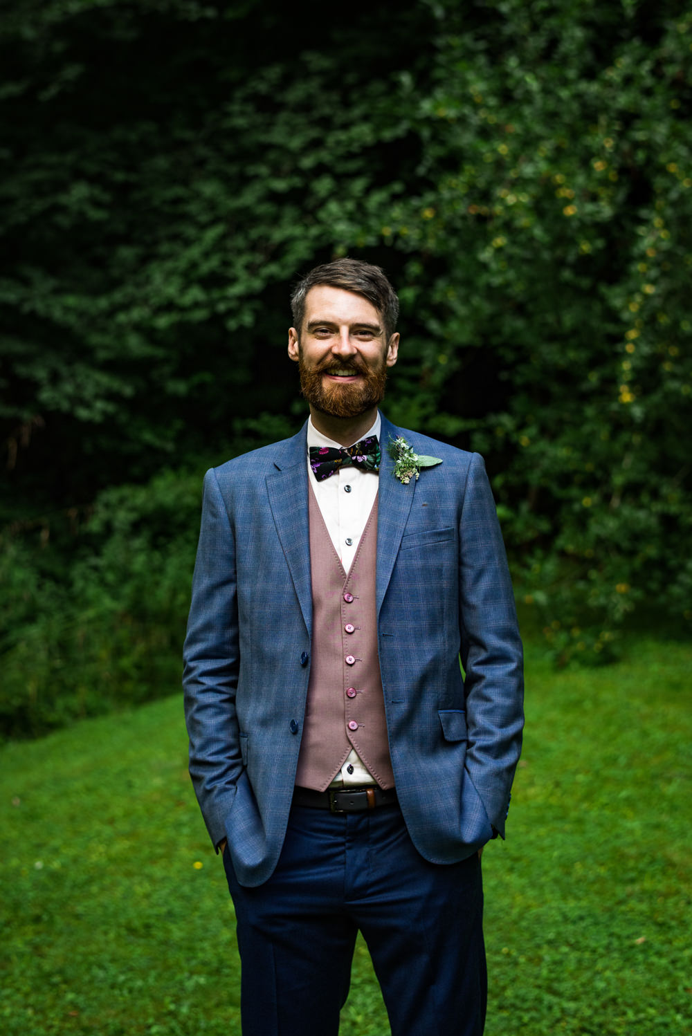 Groom Suit Blue Pink Waistcoat Bow Tie Cotswolds Garden Wedding Jonny Barratt Photography