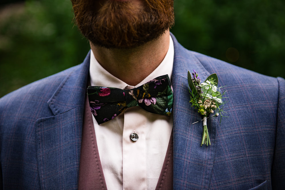 Groom Suit Blue Pink Waistcoat Bow Tie Buttonhole Cotswolds Garden Wedding Jonny Barratt Photography