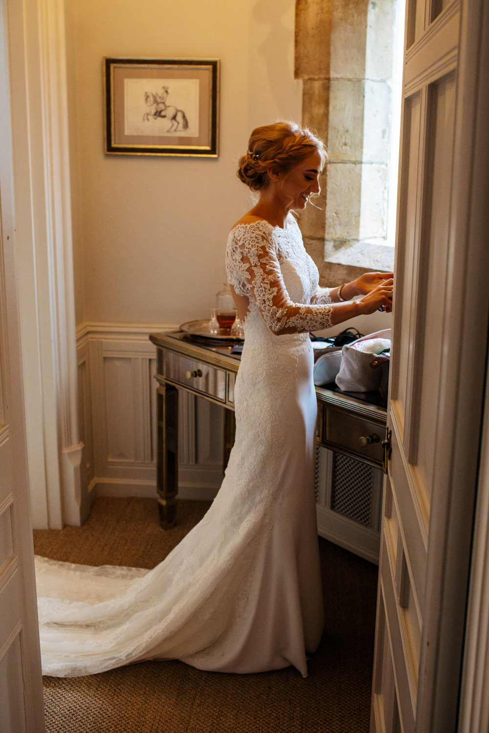Bride Bridal Dress Gown Fit and Flare Lace Back Sleeves Train Macedonia San Patrick Cowdray House Wedding Matt Sim Photography