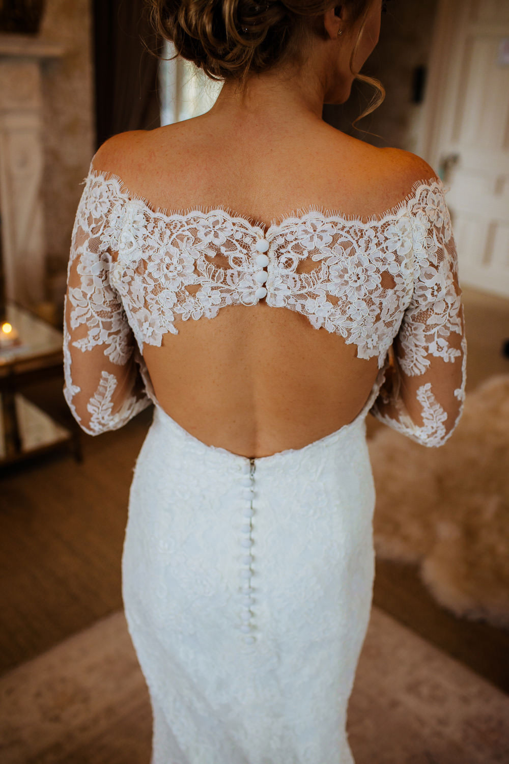 Bride Bridal Dress Gown Fit and Flare Lace Back Sleeves Train Macedonia San Patrick Cowdray House Wedding Matt Sim Photography