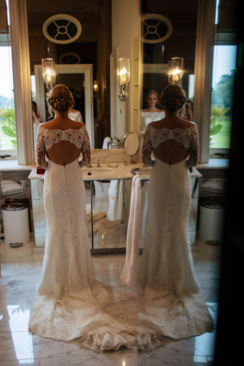 Bride Bridal Dress Gown Fit and Flare Lace Back Sleeves Train Macedonia San Patrick Cowdray House Wedding Matt Sim Photography