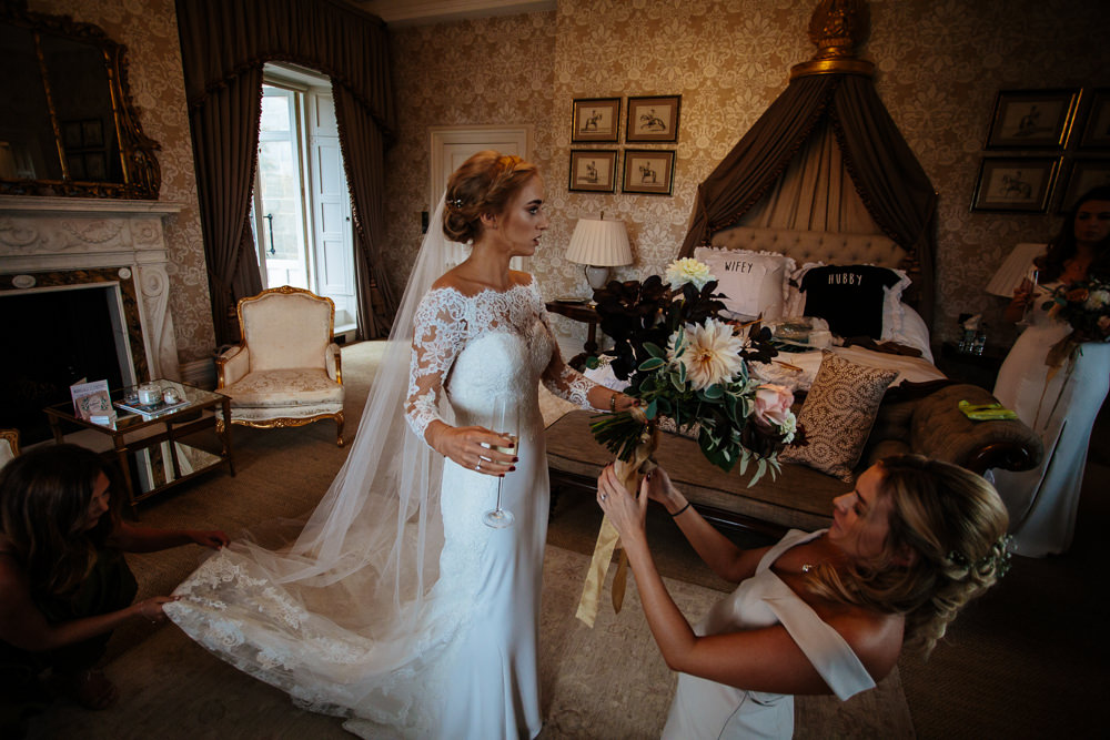 Bride Bridal Dress Gown Fit and Flare Lace Back Sleeves Train Macedonia San Patrick Cowdray House Wedding Matt Sim Photography